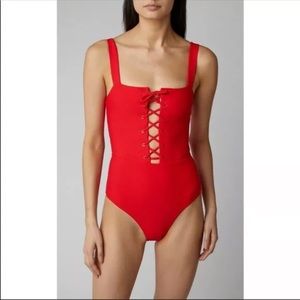 New ONIA Raquel Red Lace Plunge Swimsuit XL